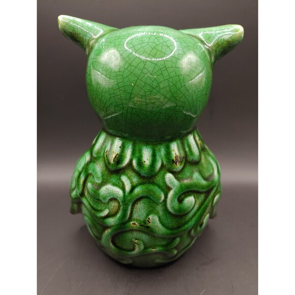 Green Ceramic Owl Figurine With Faux Crazing & Distressed Age - Picture 4 of 6